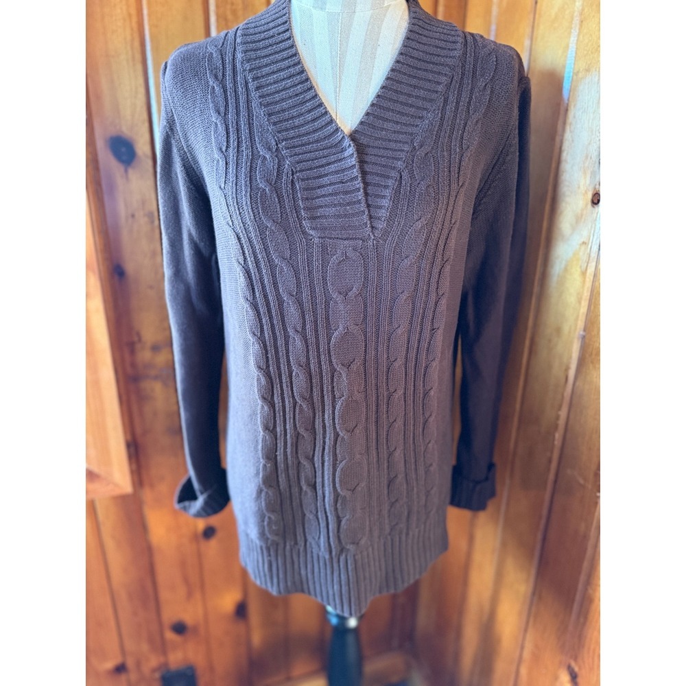 Faded Glory Cable Knit‎ V-Neck Sweater Brown Tunic Long Sleeve size XL